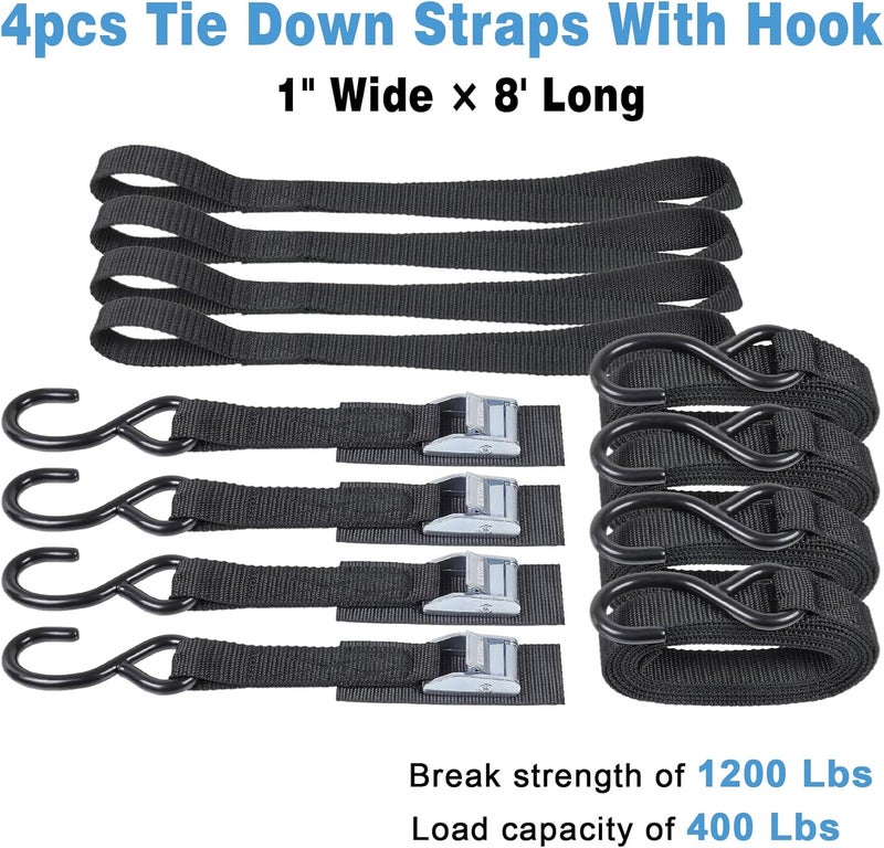 EXVITAL Tie Down Straps with Hook Cam Buckle Straps 1" x 8’ 1200lbs Break Strenght with Extra Soft Loops for Motorcycle, Kayak, ATVs, Dirt Bike, Truck, Car Black 4 Pack - Image 5